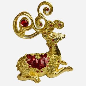 Vintage Dillard’s Elegant Gold and Red Pewter Jeweled Reindeer Figurine